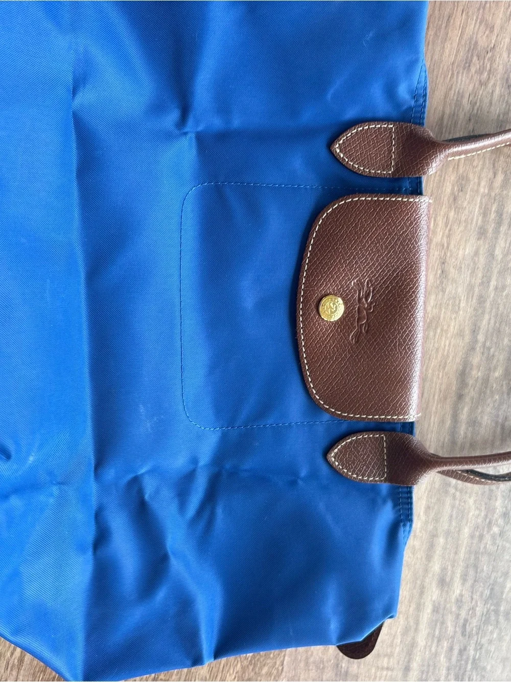 Longchamp Le Pliage Blue Nylon Tote with Brown Leather Trim